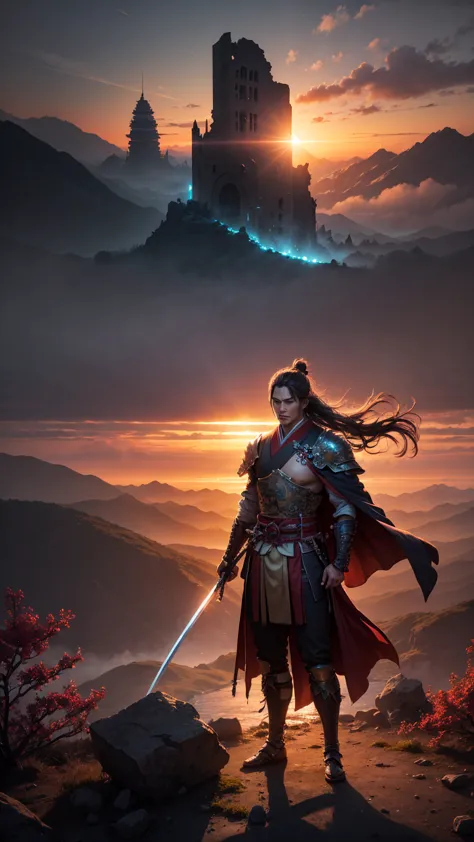 A mystical samurai warrior standing on the edge of a ruined temple, bathed in the golden light of a setting sun. The warrior wears intricately detailed armor with dragon engravings, a flowing tattered cape, and a katana glowing with an ethereal blue aura. ...