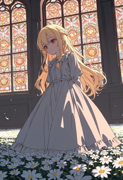 Braided half-up hair, stained glass of a flower field at sunset in the background, flat color, masterpiece：1.4, 8k, , Braided half-up hair, stained glass sunset sea in the background, flat color,, frill dress, blond hair, red eyes