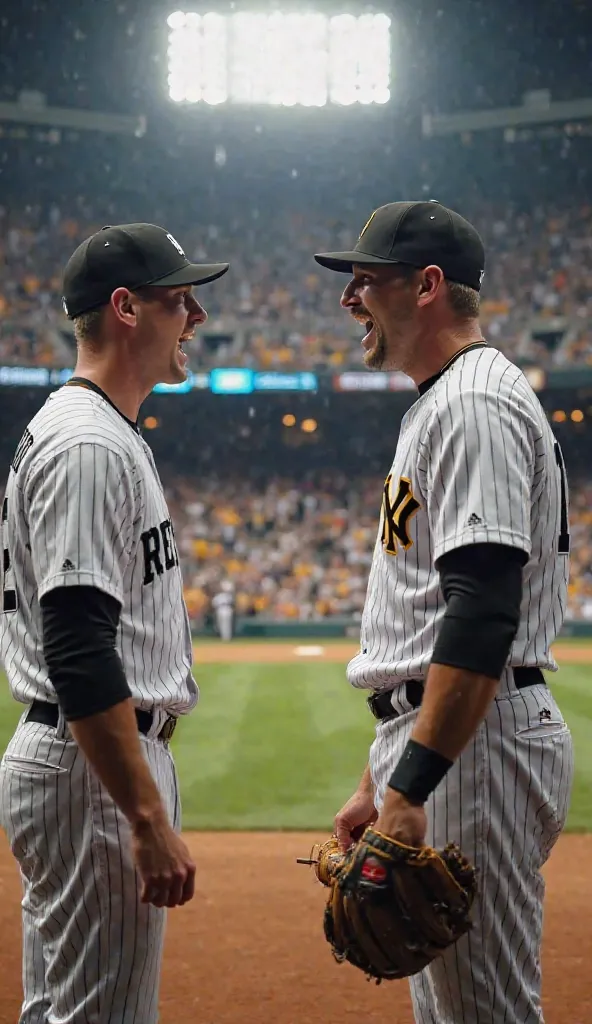 A dramatic scene depicting the rivalry between the New York Yankees and Pittsburgh Pirates. Two baseball players, one in a Yankees uniform and the other in a Pirates uniform, stand face-to-face with intense expressions, shouting, ready for competition. The...