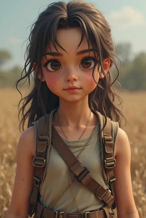 A book cover, with a young, age girl in the middle. She has survival gear on, a tank top, she has dark brown hair and eyes, lightly tanned skin and wavy long hair that is tied up, she is a bit chubby, no makeup or blush on. 