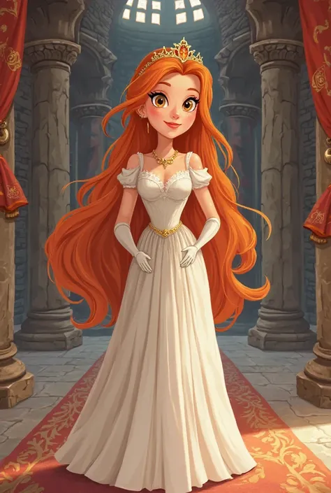 Illustration of Create an image of a beautiful princess ( orange long hair and white dress) standing in a grand but aging castle. She is dressed in elegant royal attire, with a kind expression. The background shows tall stone walls and decorative tapestrie...