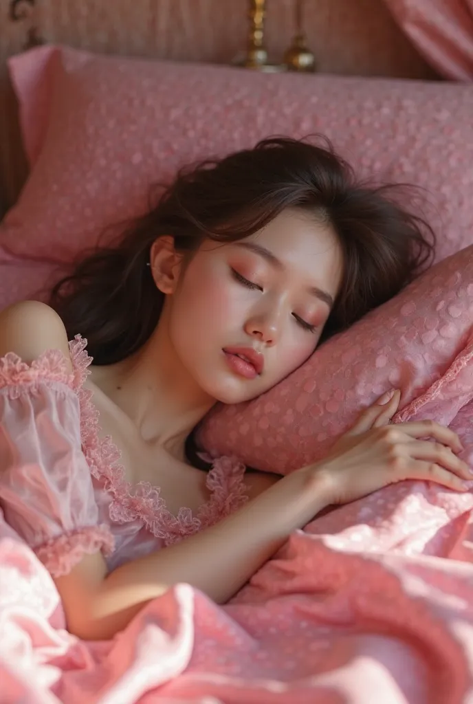 
Extremely stunning beautiful girl sleeping,beautiful detailed eyes,beautiful detailed lips,extremely detailed face and skin,long eyelashes,detailed hair,pink silk nightgown,pink bedroom interior,luxury pink bedroom,pink floral bedsheets,pink silk curtains...