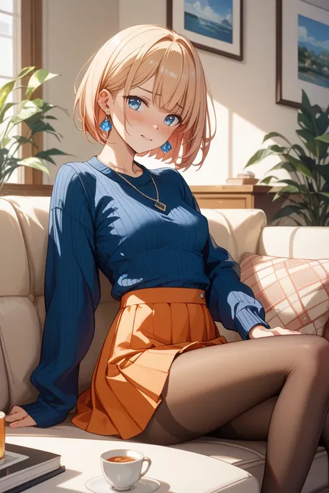 woman、solo、bob hair、 Hair、 small tits、small breasts、Embarrassed、looking over here、 from side、earrings、earrings、necklaces、pantyhose、living room、 orange mini skirt with bow 、Sofa、is sitting、 navy blue sweater、Noble Fashion、Conservative