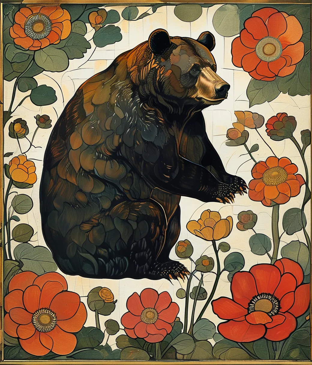 style of Koloman Moser, (cute, chubby, male, bear), adorable, magical, fantasy, hires textures, highly detailed, intricate details, best quality, masterpiece, zPDXL3