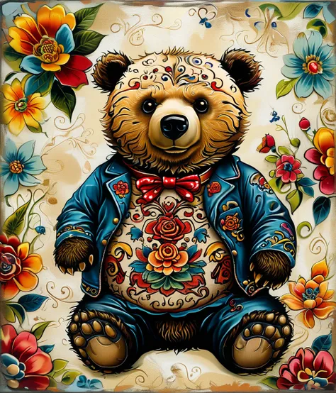 style of Ed Hardy, (cute, chubby, male, bear), adorable, magical, fantasy, hires textures, highly detailed, intricate details, best quality, masterpiece, zPDXL3