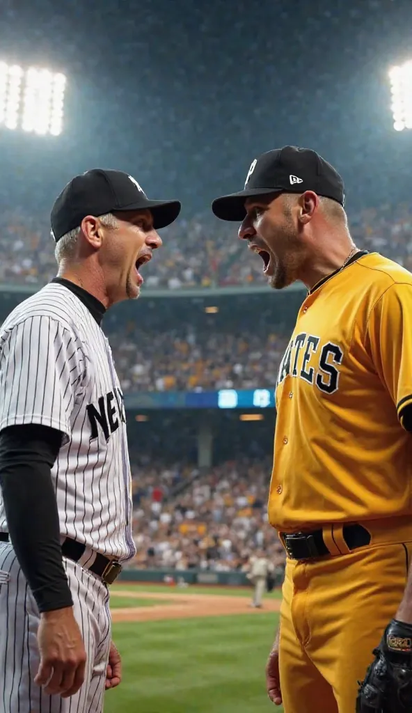 A dramatic scene depicting the rivalry between the New York Yankees and Pittsburgh Pirates. Two baseball players, one in a Yankees uniform and the other in a Pirates yellow uniform, stand face-to-face with intense expressions, screaming with anger ready fo...