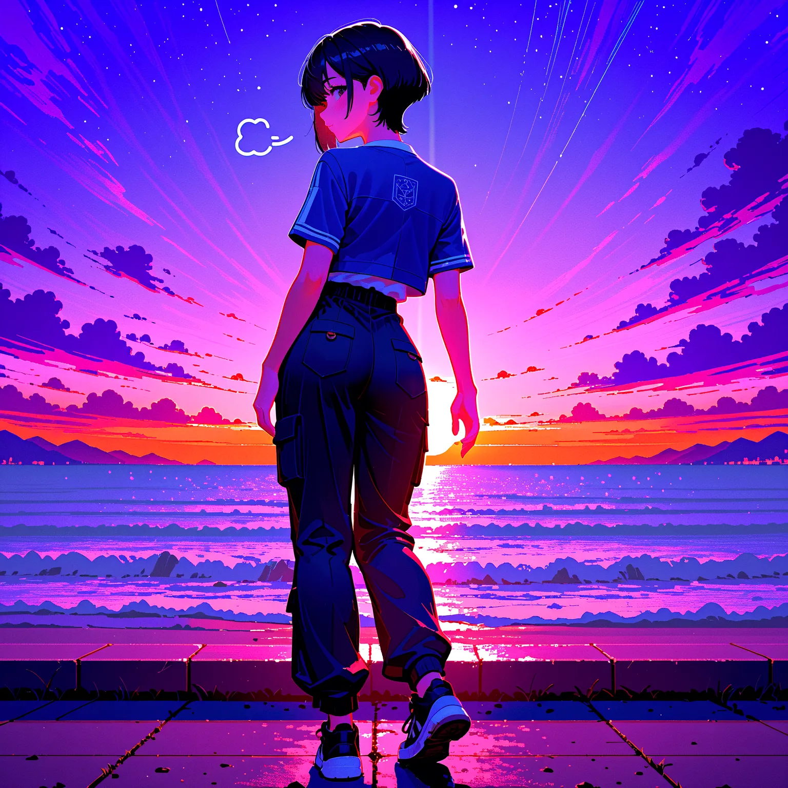 ((masutepiece, Best Quality, hight resolution, nffsw, Perfect Pixel,  4K, nffsw, nffsw))), 1girl in, Chihiro, anime,  Japanese female junior high school student, alone, ennui, sunset sky, (((Asymmetrical short hair, black hair))), blue jacket, white shirt,...