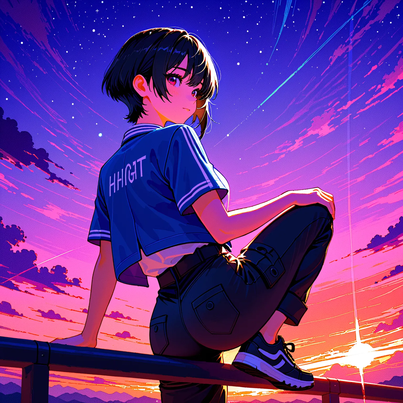 ((masutepiece, Best Quality, hight resolution, nffsw, Perfect Pixel,  4K, nffsw, nffsw))), 1girl in, Chihiro, anime,  Japanese female junior high school student, alone, ennui, sunset sky, (((Asymmetrical short hair, black hair))), blue jacket, white shirt,...