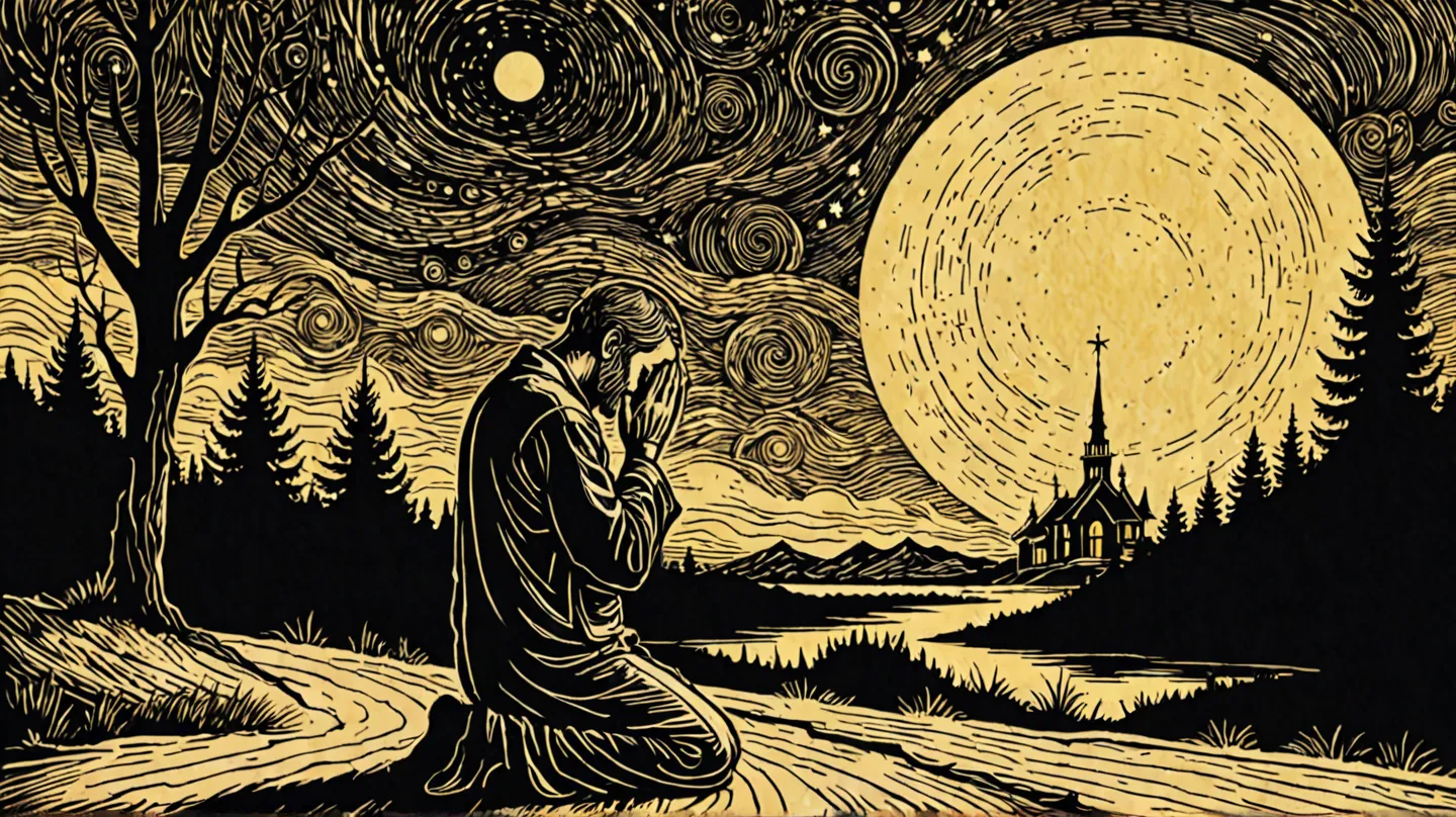 Create a rustic woodcut style image digital art surreal, using only black, beige and yellow colors.

A man praying, nightsky