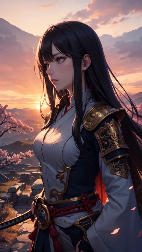 A mystical samurai warrior standing on the edge of a ruined temple, bathed in the golden light of a setting sun. The warrior wears intricately detailed armor with dragon engravings, a flowing tattered cape, and a katana glowing with an ethereal blue aura. ...