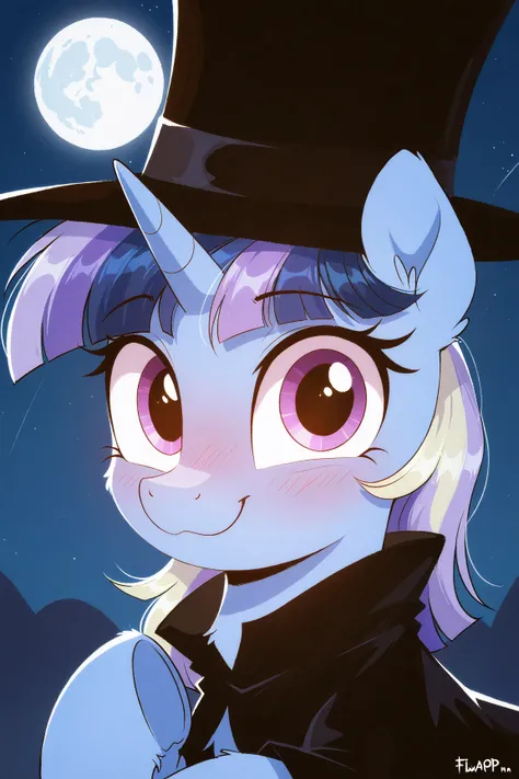 masterpiece, best quality, newest, absurd res, hires, solo, my little pony, pony, unicorn, flwspmn, taop hat, black cloak, smile, wink, blushing, :3, night, moon, look at each other, my little pony, friendship is magic, shaded, detailed, look at you, looki...