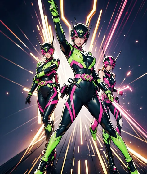 Alone,  brave and brave image of a 6-person ranger team,  each color is decorated with vibrant colors :: (( pink)), Red is in front center,  violet, green,   yellow, Blue Black, white,.  dynamic poses against an energetic and brave background, neon, , plas...