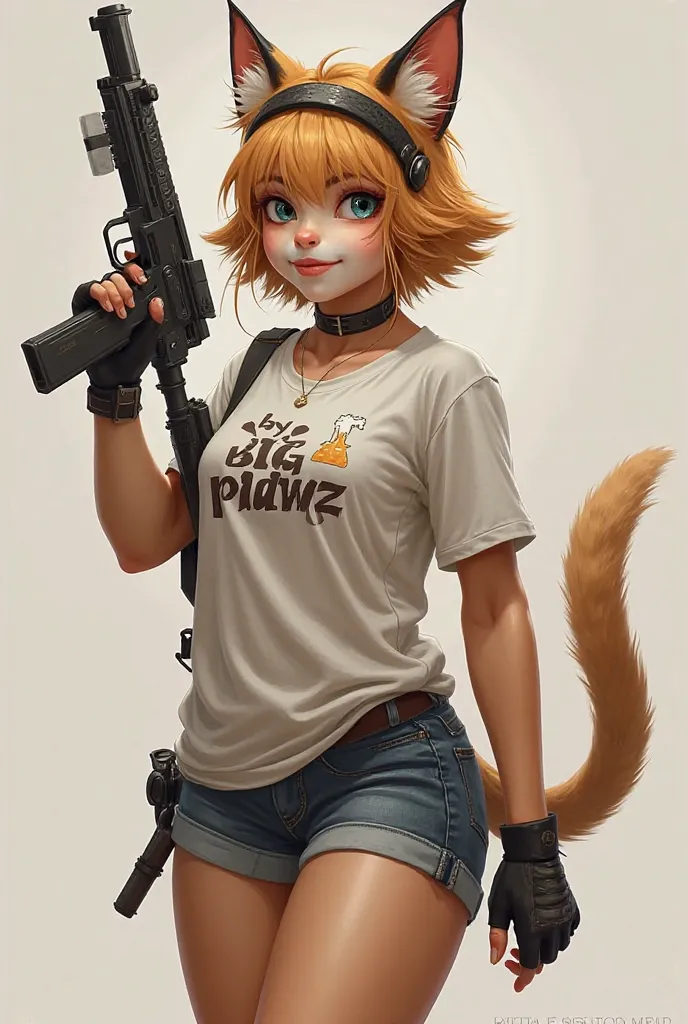 Cute big cat girl with gun, big pawz shirt, shorts, realistic picture