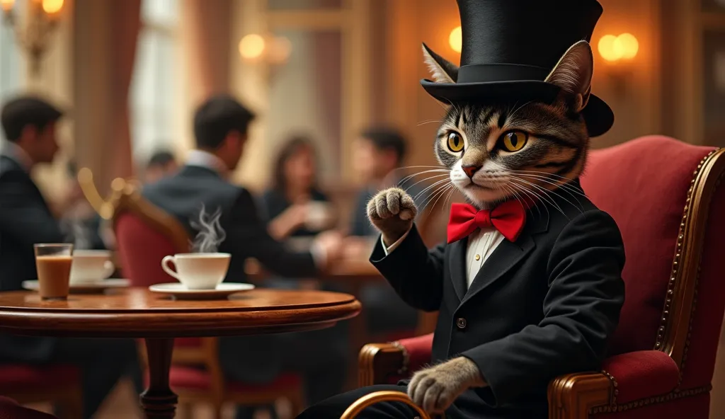 "A chic and luxurious cafe with warm and soothing lighting. A anthropomorphic cat, in a black suit, red bow tie, and tall top hat, sits dignified on a luxurious chair. His golden cane is next to the table. He is delicately holding a hot cup of tea and drin...