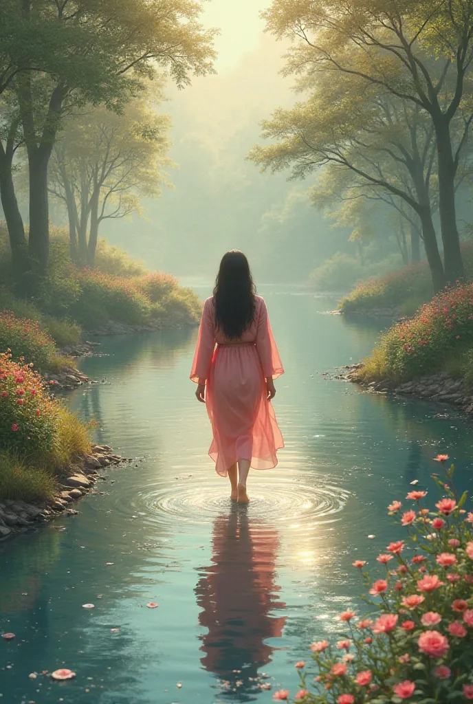 So now walking along a river with beautiful water and the water reaches his ankles and that rose-colored robe 