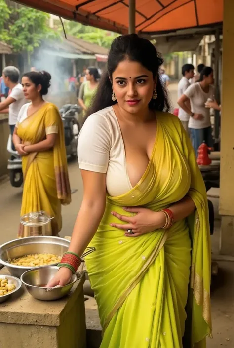 Realistic photo of Indian sexy hot milf, aged 30 with white skin tone. Street Vendor, Making Indian street food, crowded street, Realistic Showing huge breast in wayanad kerala. Front photo.No ornaments. Full size photo. Wearing indian yellow saree, Realis...