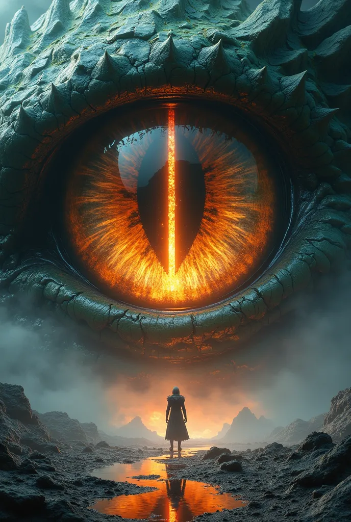 Masterpiece, best quality, ultra-detailed, cinematic lighting, atmospheric perspective, sharp textures, glowing effects, storytelling composition.)

A colossal dragon’s eye dominates the scene, its iris swirling with fiery golds, deep ambers, and flickerin...