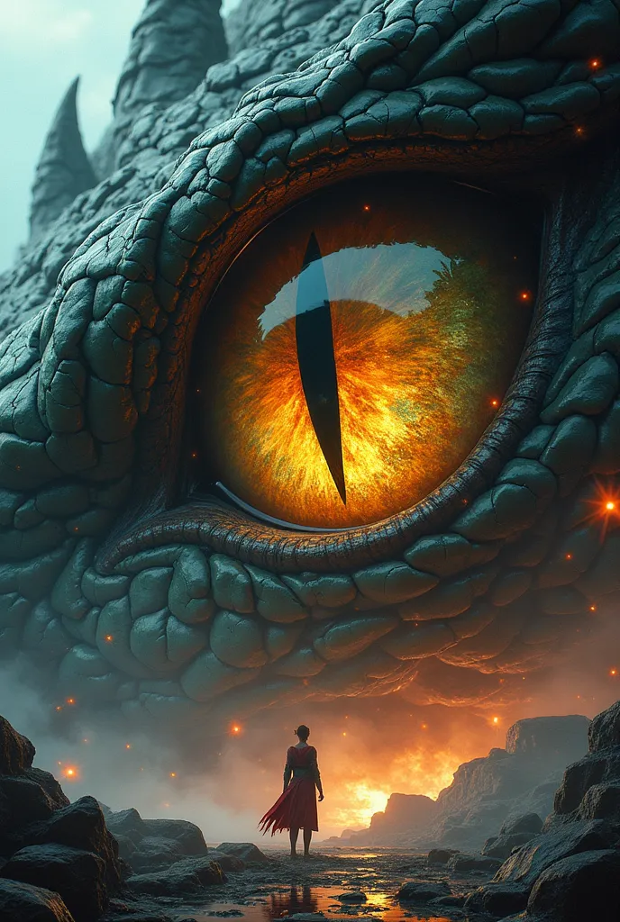 Masterpiece, best quality, ultra-detailed, cinematic lighting, atmospheric perspective, sharp textures, glowing effects, storytelling composition.)

A colossal dragon’s eye dominates the scene, its iris swirling with fiery golds, deep ambers, and flickerin...