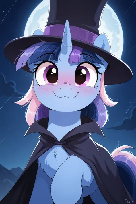 masterpiece, best quality, newest, absurd res, hires, solo, my little pony, pony, unicorn, flwspmn, taop hat, black cloak, smile, wink, blushing, :3, night, moon, look at each other, my little pony, friendship is magic, shaded, detailed, look at you, looki...