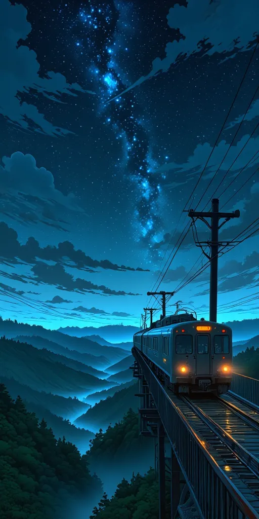 "A single anime-style train crossing a high bridge under the night sky. The train’s warm lights contrast against the deep blue sky, dotted with glowing stars. Below, a misty valley stretches endlessly. The scene has a nostalgic and peaceful atmosphere, evo...