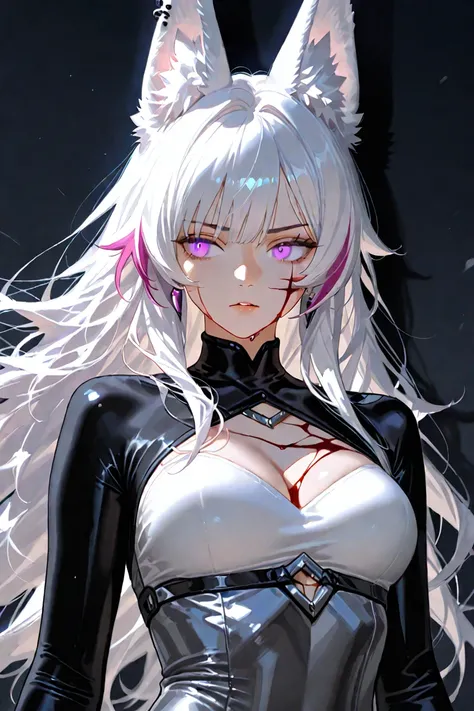 A girl in early 20's. White, fluffy hair. short hair that goes a bit past ears. Purple eyes. scars on left side of face. Black skintight outfit. Covered in blood.