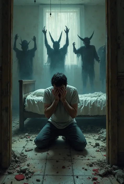 Man holding his face, kneeling on the floor of a room consumed by madness in an old house, with demons coming out of her body next to a bed