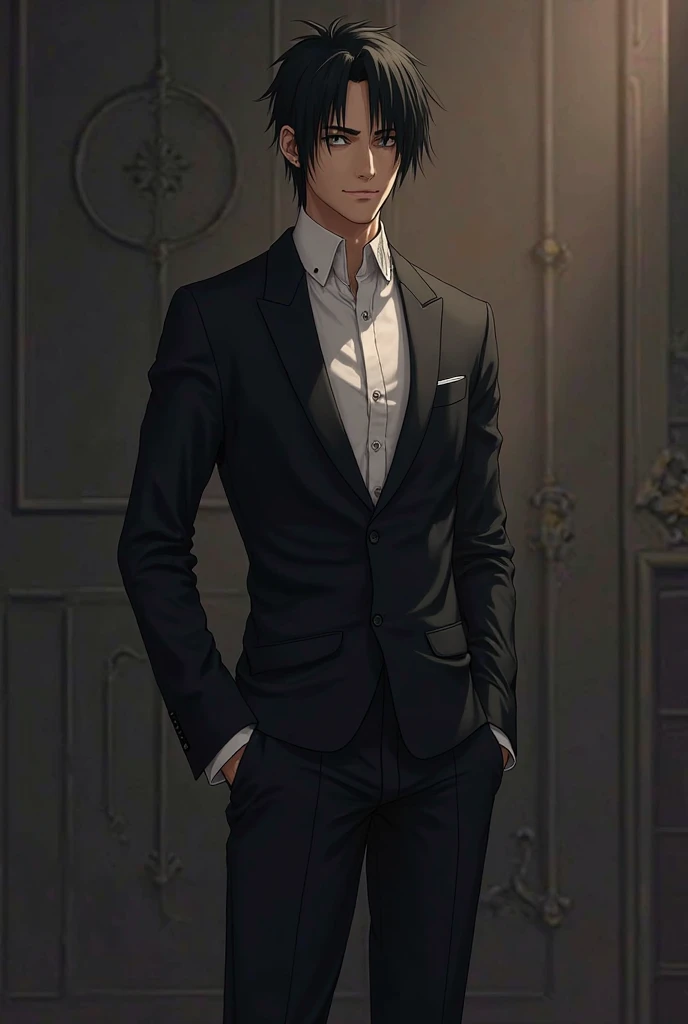 Utsiha Sasuke wears a black tuxedo with a simple smile on his face 