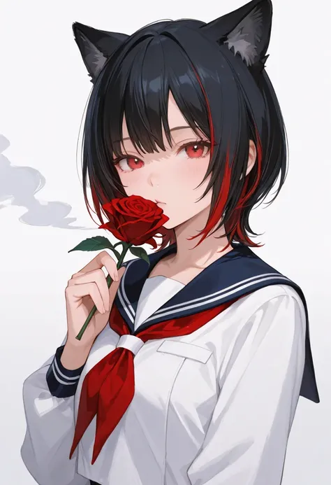 (masterpiece , Top Quality ,  exquisite,8k, absurd),(748cmstyle),(Woman holding a rose,women's upper body,front angle),black and red,((streaked hair)), highlights hair,wolf cut hair,wearing a sailor suit, is blowing in the wind,Mysterious background,has a ...