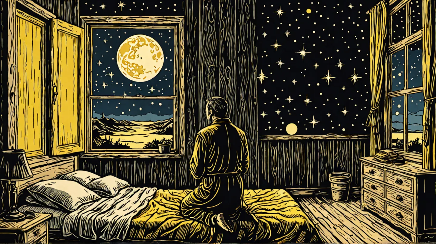 Create a rustic woodcut style image digital art surreal, using only black, beige and yellow colors.

A man praying in his bedroom, window shows nightsky