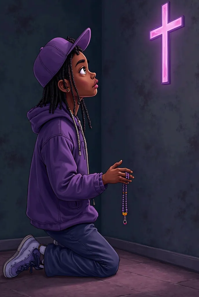 A brown-skinned boy with dreads, with purple clothes including a cap, I want him kneeling with a rosary in his hand, looking at a cross on the wall in a dark room, with trap style clothes, and a small mix between cartoon and realistic