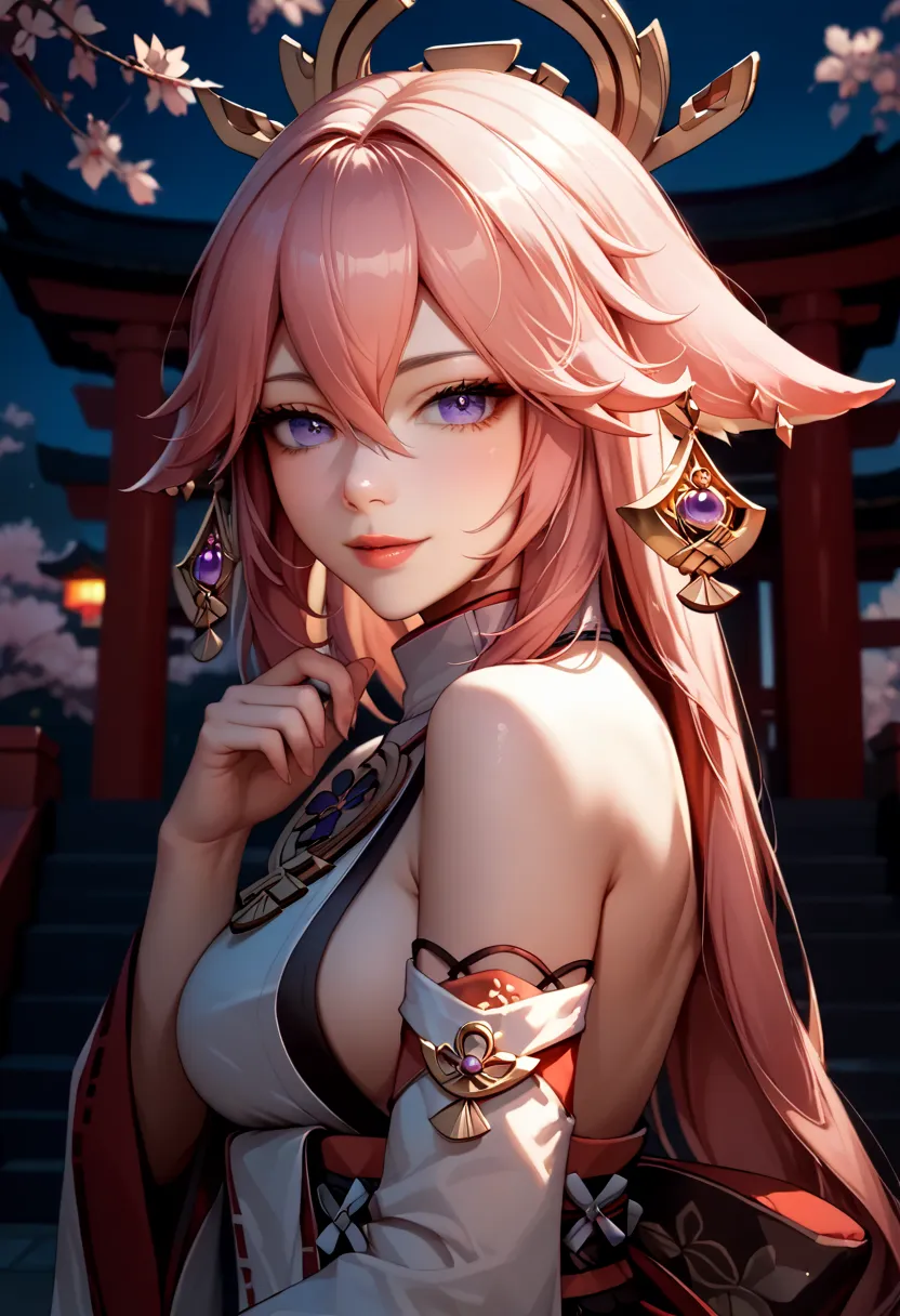 score_9, score_8_up, score_7_up, (masterpiece, ultra detailed), Highly detailed facial and skin texture, source_anime, 1girl, adult female, Yae Miko, Genshin Impact, look at viewer, japanese shrine, sakura tree, outdoor, cinematic lighting 