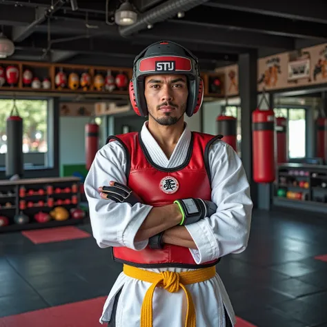 A real-life martial artist standing confidently in a modern karate training center, wearing a traditional white gi, colorful protective vest, safety gloves, and a headguard. The martial artist has a focused expression, well-defined facial features, and an ...