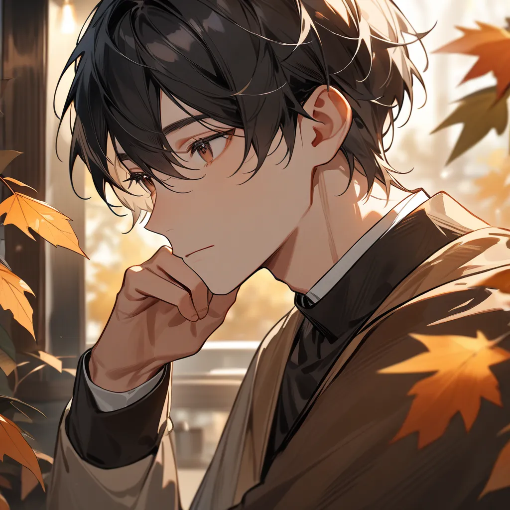  alone, male,  black hair, brown eyes, Expressed eyes  , Autumn costume  ,  Stylish  , adult, cafe background