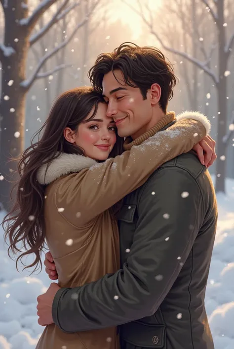 Create a realistic image of a brunette couple with brown eyes standing in winter with the wife kissing husband on the cheek while holding him as he stands there with a slight smile 