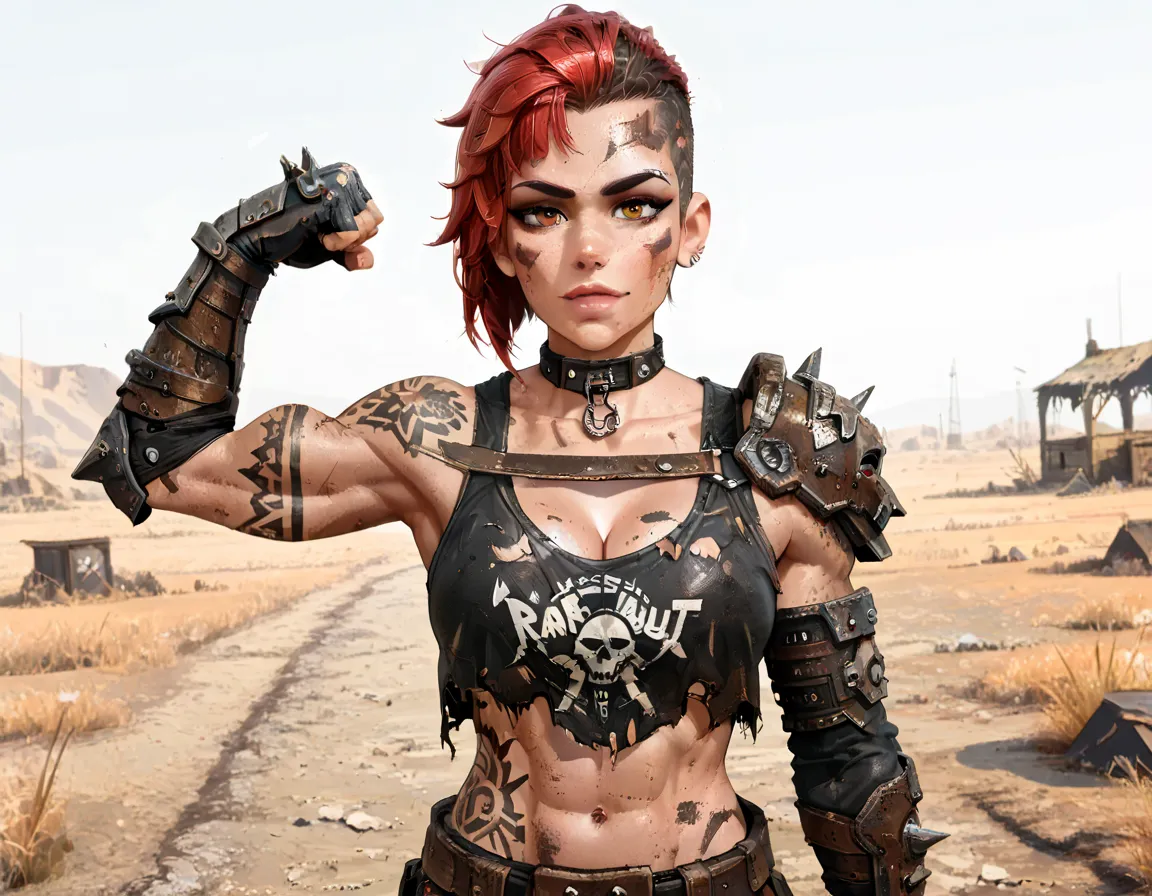 (((whole body))), master part, best quality , super detail beautiful woman, whole body, redhead Asymmetric Undercut Haircut hair, redhead punk girl, post-apocalyptic world, torn and dirty clothes, Asymmetric Undercut Haircut, sides of shaved head, Clean fa...