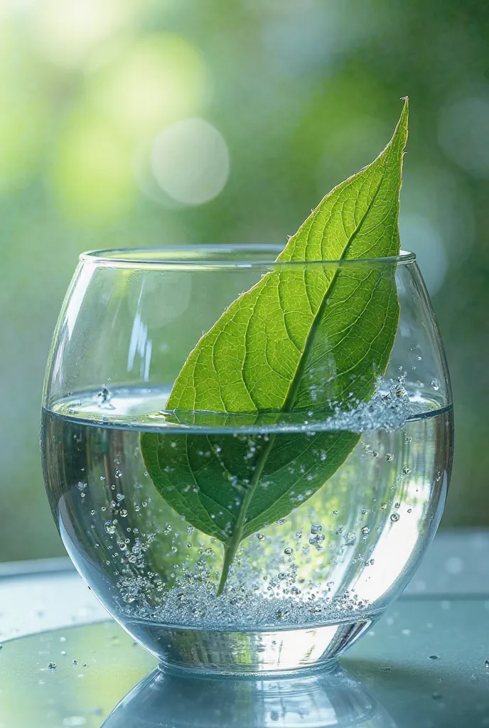 Close-up A spherical leaf slides down a glass of water 