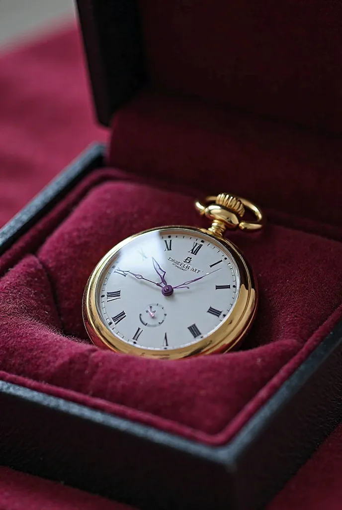 A gold watch with violet color tips in a box