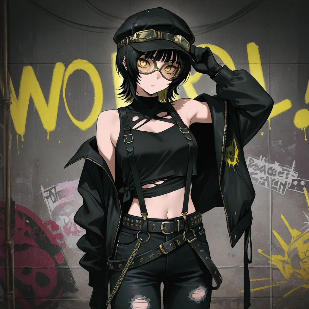 Black Cropped top sleeveless, black gloves, black jeans, The jacket is tied at the waist, Belt + Suspenders, Grunge Punk Goggles Black, Distressed Black Hat, yellow eyes, Short Wolf Cut Black, cool girl 