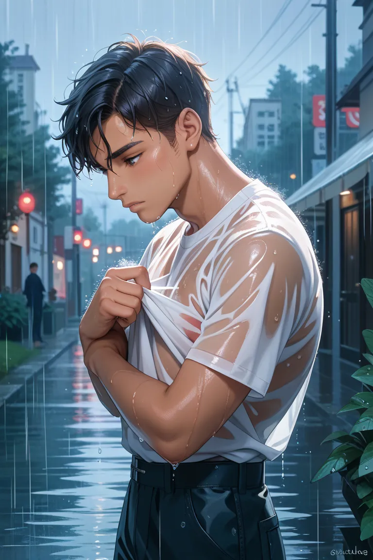 I'm sad that boy is wet in the rain and his shirt is see-through