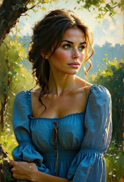 a  old girl,detailed face,thoughtful expression,relaxed posture,wavy brown hair, blue dress, portrait,OIL PAINTING,natural scenery,soft lights, warm colors, fine details,High resolution,careful brushstrokes,photorealistic.naked naked