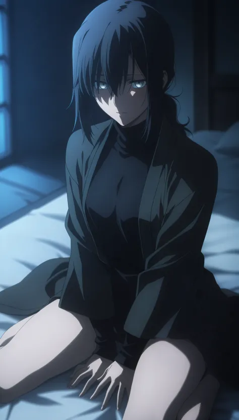 masterpiece, best quality, amazing quality, highres, absurdres, very aesthetic, high resolution, ultra detailed, perfect details, midnight, , upper body, indoors, ufotable style, ((blue hour)), (from above),
1girl, solo, ufotable style, anime style, (...