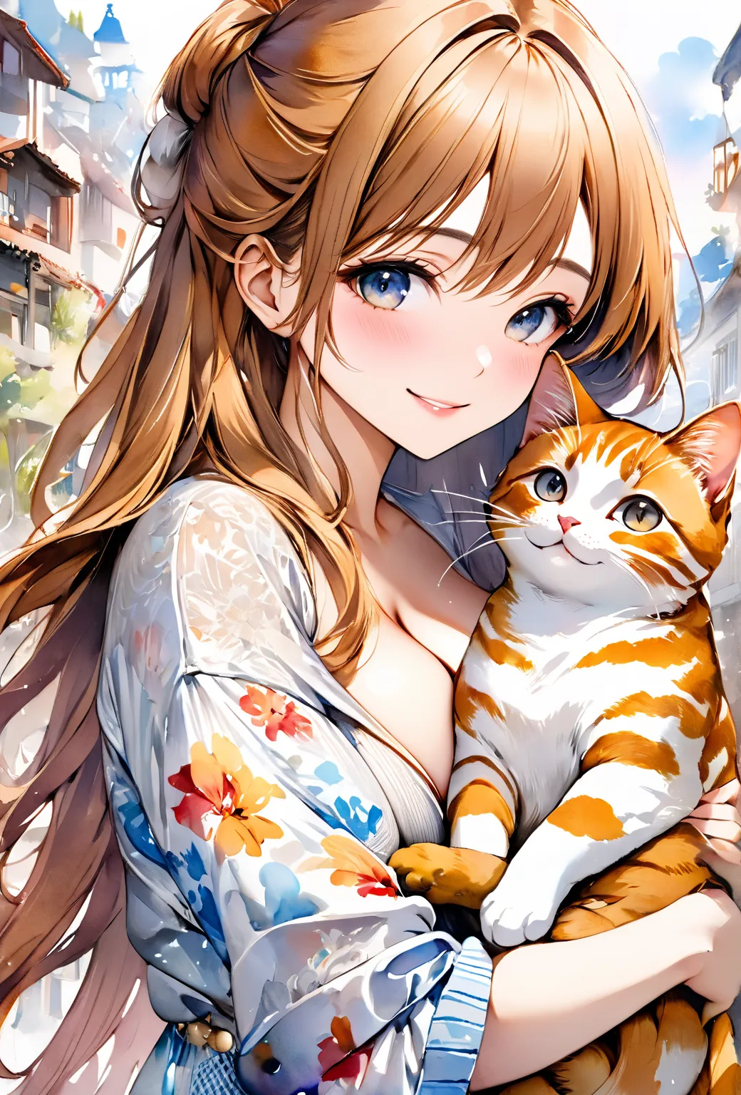 ((masterpiece)), ((high resolution)), ((best quality)), (ultra-detailed),a girl,,big breasts,cowboy shot,Fair skin, watercolor illustration,High Resolution,Highest quality,Adorable design , holding a cat , Gold,long hair, with a smile