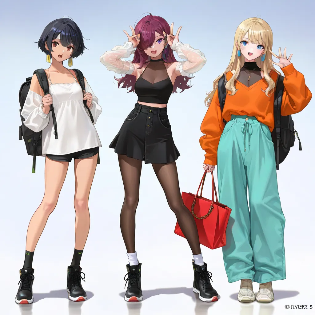 (((Best Quality))), 3 girls, anime characters, fashionable and trendy, outfit designs, diverse outfits, (upper body character design), outfit design, fashion concept art, knit, shirt, shorts, skirt, blouse, halter neck, see-through cleavage, see-through sl...