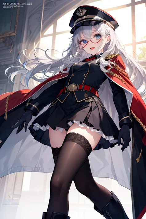 (from below:1.2, best quality ), girl , Platinum color hair military uniform , The dreamer wants purplish blue eyes ,(small breasts:1.0), Lori will do it, (masterpiece:1.2, best quality ), (Beautiful detailed depiction : 1.2), ( beautiful detailed face ), ...