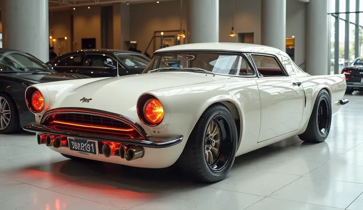 "A realistic, high-quality image of a modern sports car seen from the front right side view, resembling a  1955 Ford Maverick 331 restmod . The car is Off white with glossy paint and a sleek, aerodynamic design. It has four large, round exhaust pipes and a...