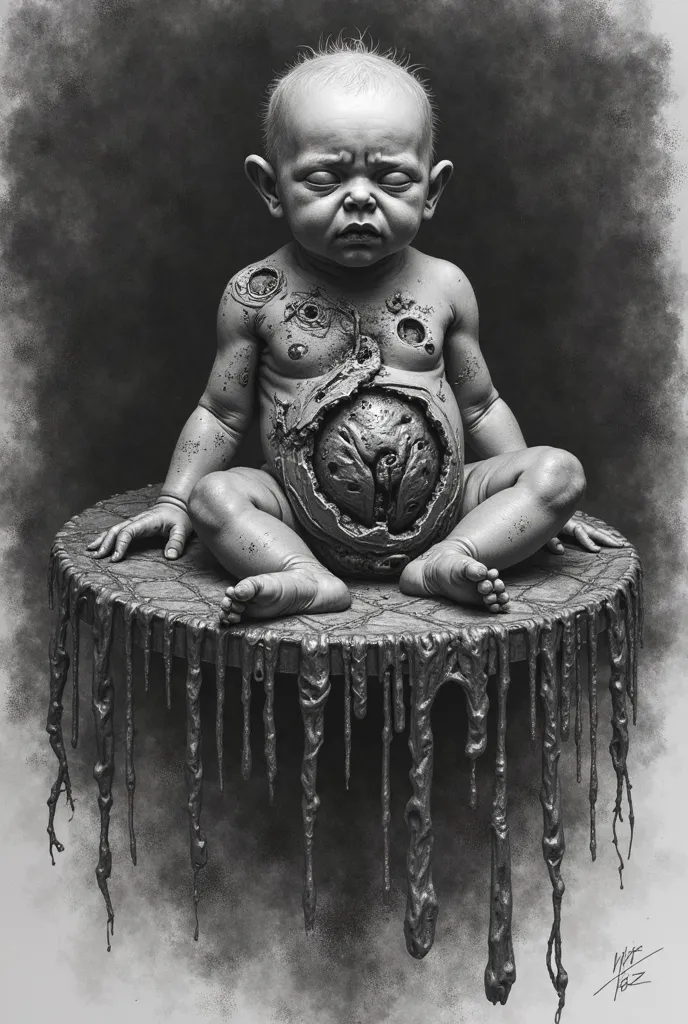 Create a pencil sketch of a fetal  with the viscera exposed, Necrosis that he is on a pedestal of satanist sacrifice