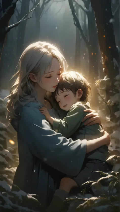 Extreme Resolution, illustration, Warm embrace,  An Exhausted Mother Hugs Her Son Strongly ,  Relief Overflowing from a Sense of Loss , Miraculous Rescue Drama ,  My son who got frostbitten is shedding tears from joy, Cold appearance ,  Revived Happiness ,...