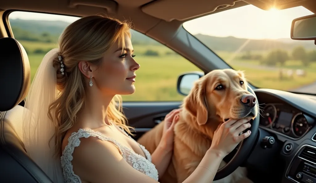 Hyper-realistic 16K, inside a car driving through an American countryside road. Emma, American woman still in her wedding dress, drives with one hand while her other hand rests gently on Max’s paw. Max, golden retriever with greying fur, rests his head on ...