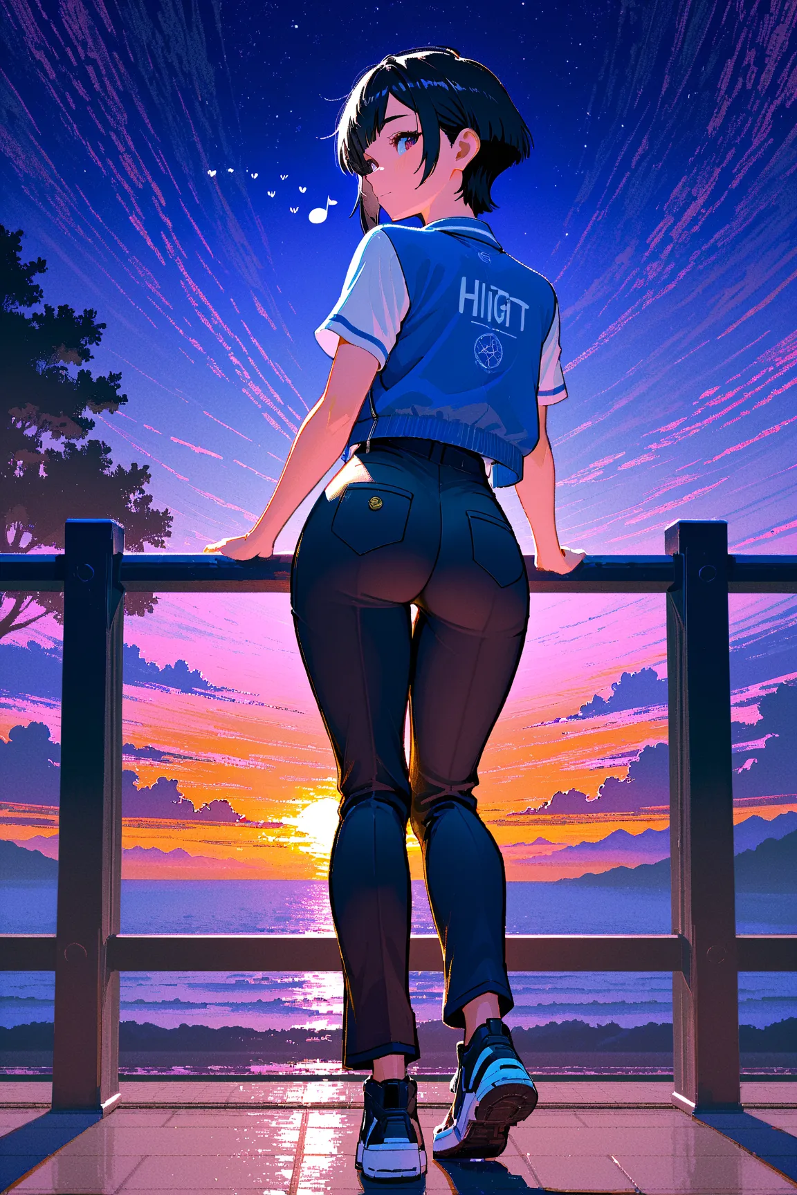 (((Masterpiece:1.3, Best Quality, hight resolution, nffsw, Perfect Pixel,  4K, nffsw, nffsw))), 1girl in, Chihiro, anime,  Japanese female junior high school student, alone, ennui, sunset sky, (((Asymmetrical short hair, black hair))), blue jacket, white s...