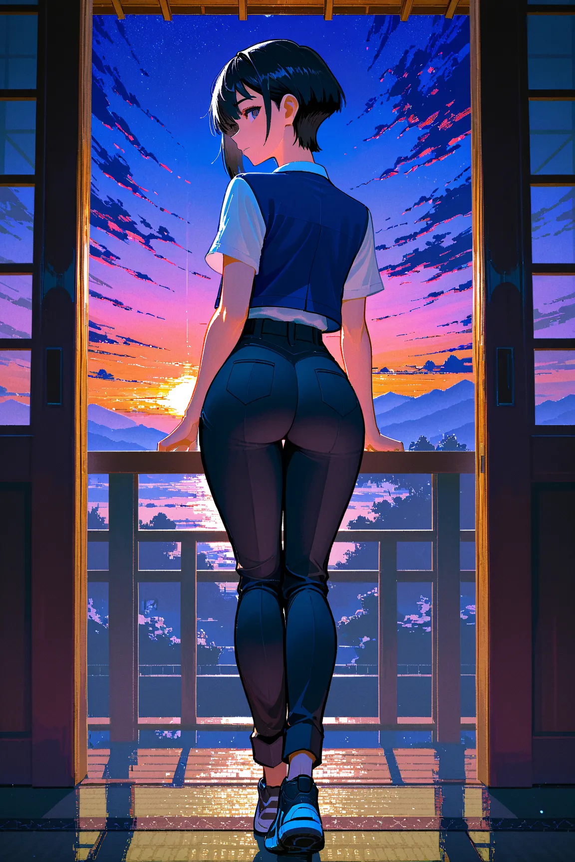 (((Masterpiece:1.3, Best Quality, hight resolution, nffsw, Perfect Pixel,  4K, nffsw, nffsw))), 1girl in, Chihiro, anime,  Japanese female junior high school student, alone, ennui, sunset sky, (((Asymmetrical short hair, black hair))), blue jacket, white s...